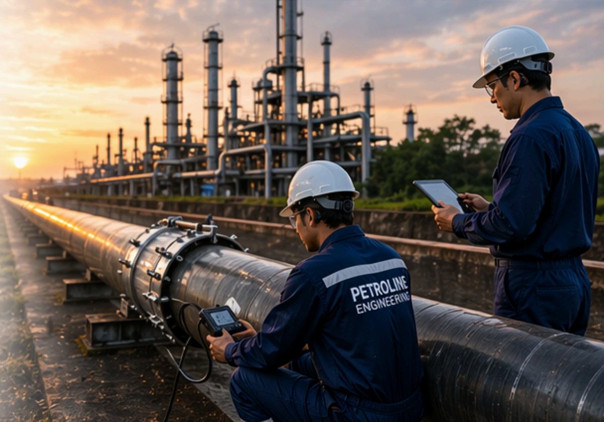 Ilustrasi infrastruktur pipeline minyak dan gas yang modern dan canggih, dengan pipa besar, fasilitas pemrosesan, dan latar belakang langit biru cerah.